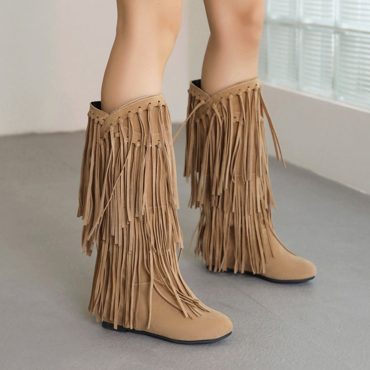 Women's Tassel Round Toe Invisible Elevated High Leg Long Women's Leather Boots