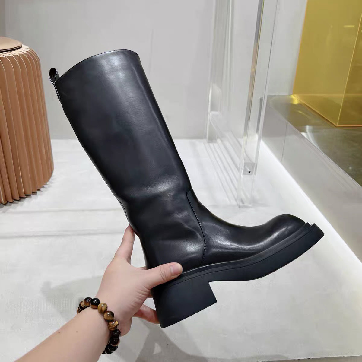 Women's Knee-high European Goods Side Zipper Round Head Calf Skin Boots