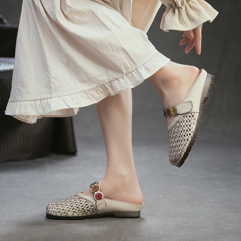 Women's First Layer Cowhide Outer Wear Hollow Breathable Flat Slippers