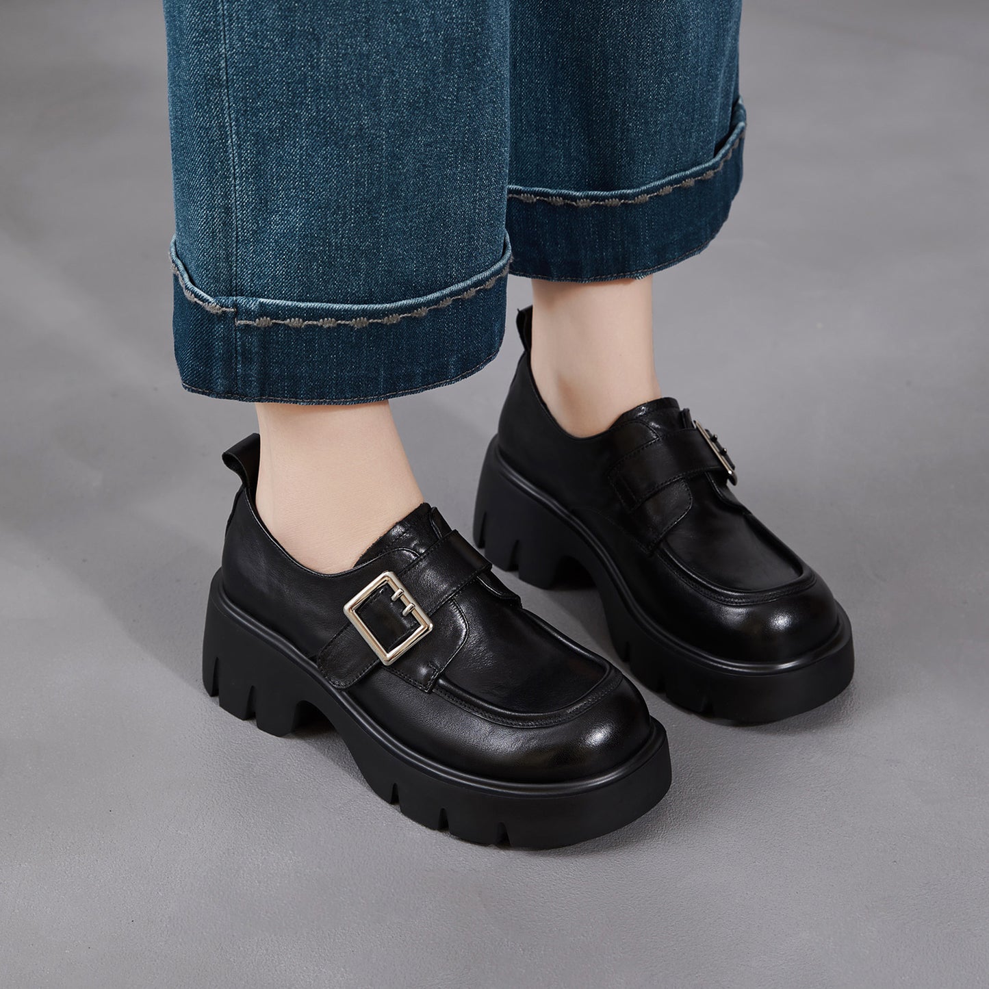 Women's British Retro Platform Spring Black Velcro Deep Mouth Belt Women's Casual Shoes