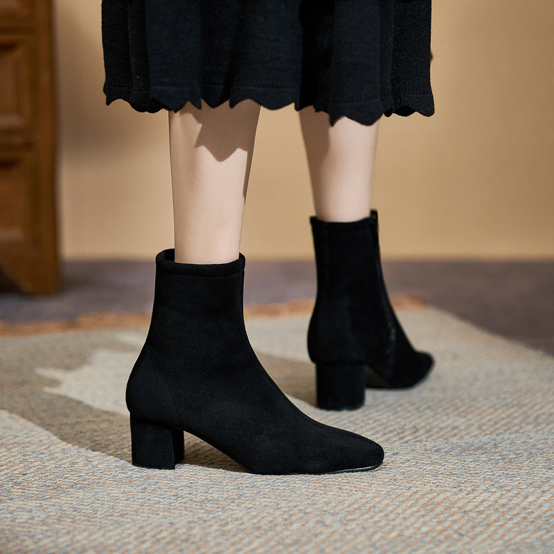 Women's Square Toe Chunky Ankle Large Size High Plus Sizes Women's Leather Boots