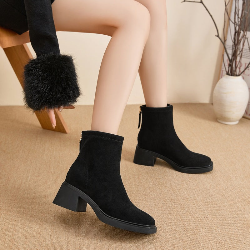 Women's Back Zipper Square Toe Thick Thin Vintage Fashion Suede High Women's Leather Boots