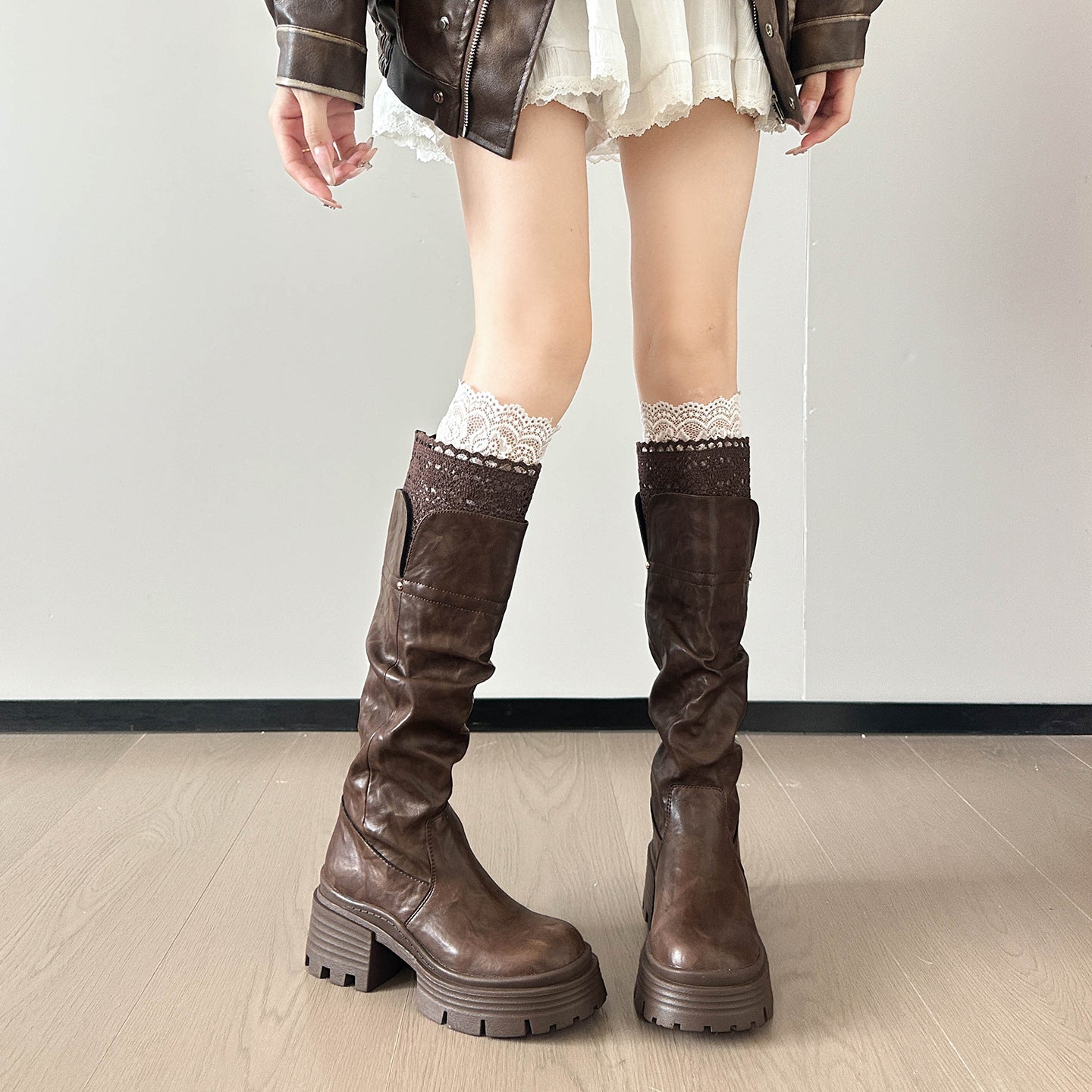 High Lace Chunky Platform Below The Knee Women's Leather Boots