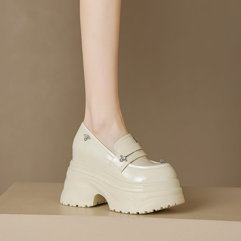 Increasing Insole Slip-on Deep Mouth Pumps Patent Platform Heels