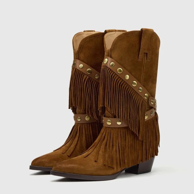Women's Tassel Western Cowboy Pointed Toe Chunky Fashion Detachable Two-way Women's Leather Boots