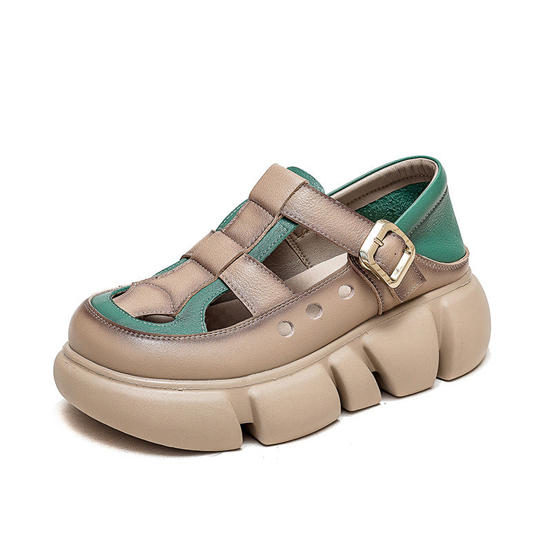 Women's Head Buckle Retro Style Top Layer Platform Sandals