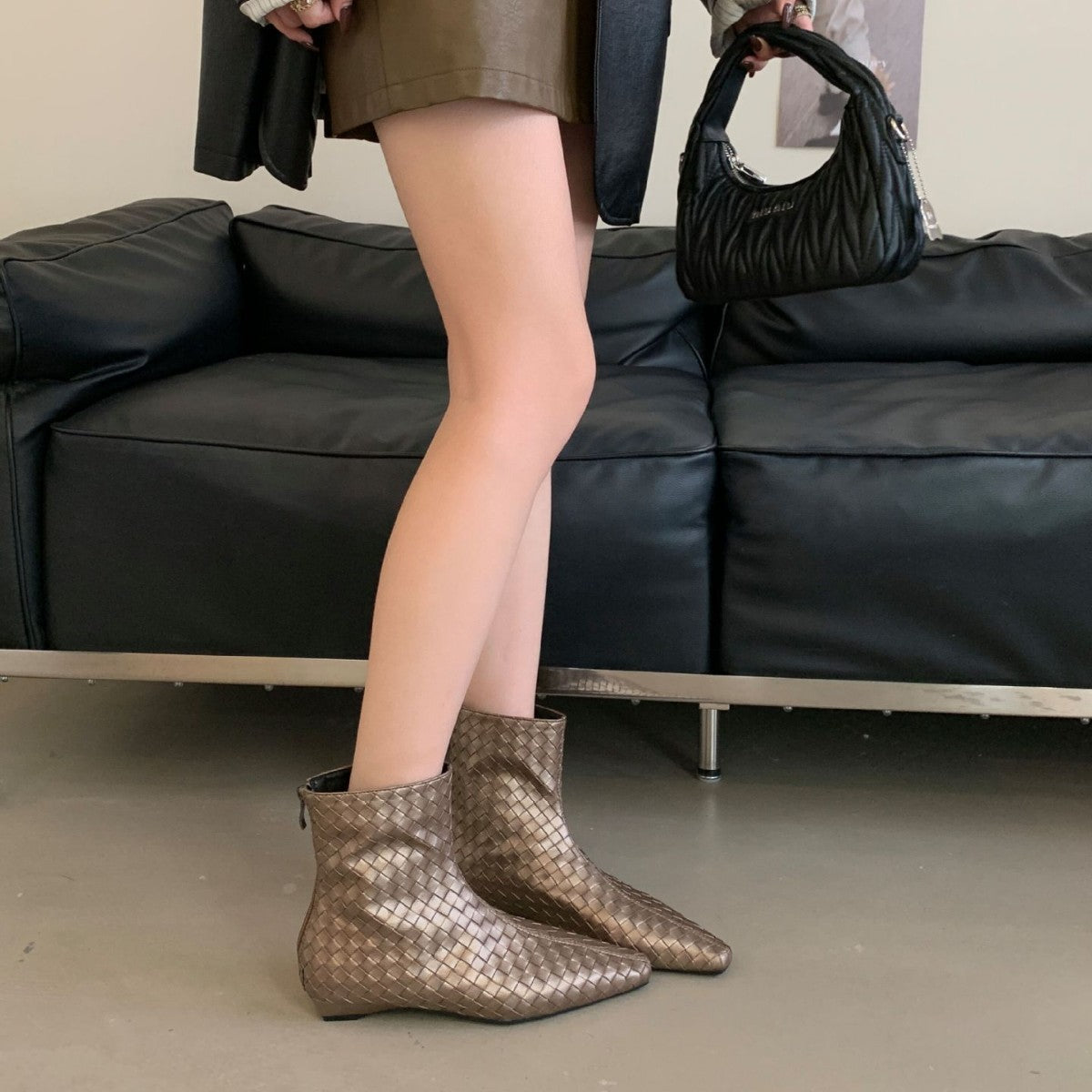 Women's Square Head Woven Loose Sleeve Wedge Short Boots