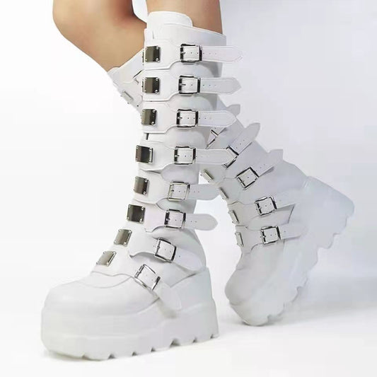 Women's Metal Buckle With Platform High Female Plus Women's Leather Boots