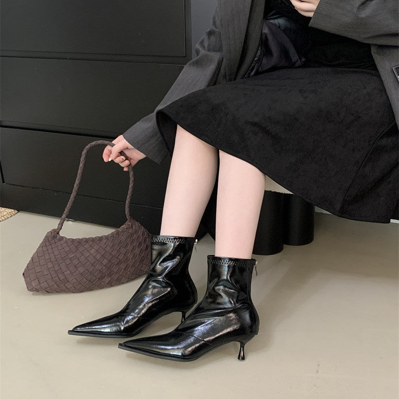 Women's High-heeled Skinny French Stiletto Retro Back Zip Soft Ankle Women's Leather Boots