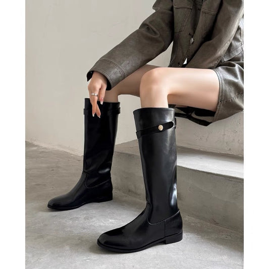 Women's Black Gold Coin Chunky Platform Long Tube Knight High Straight Women's Leather Boots