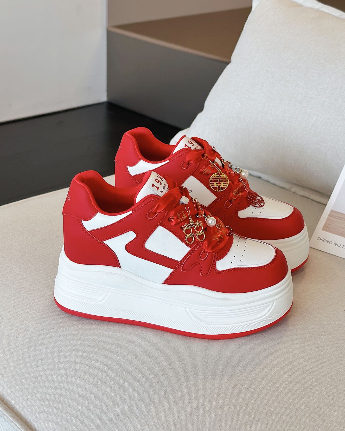 Red High Wedding Thick Bottom Height Increasing Insole Heels