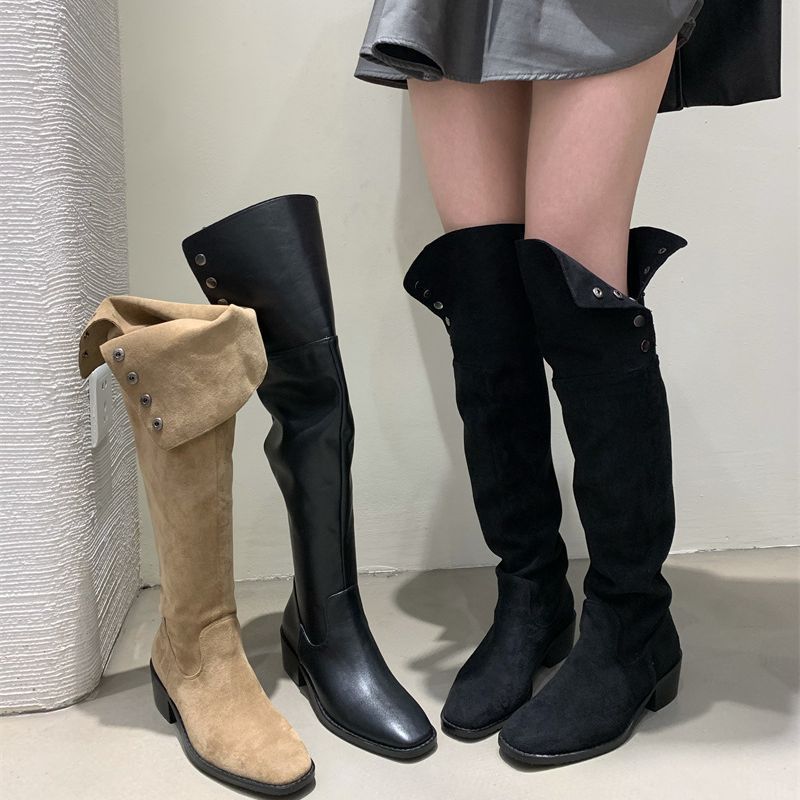 Style Large Tube Circumference Thick Below The Knee Rivet Soft Women's Leather Boots