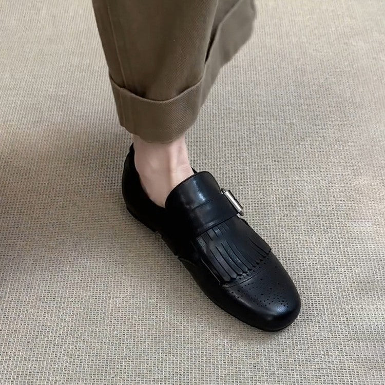 Women's Vintage Brogue Authentic Square Toe Black Belt Buckle Loafers