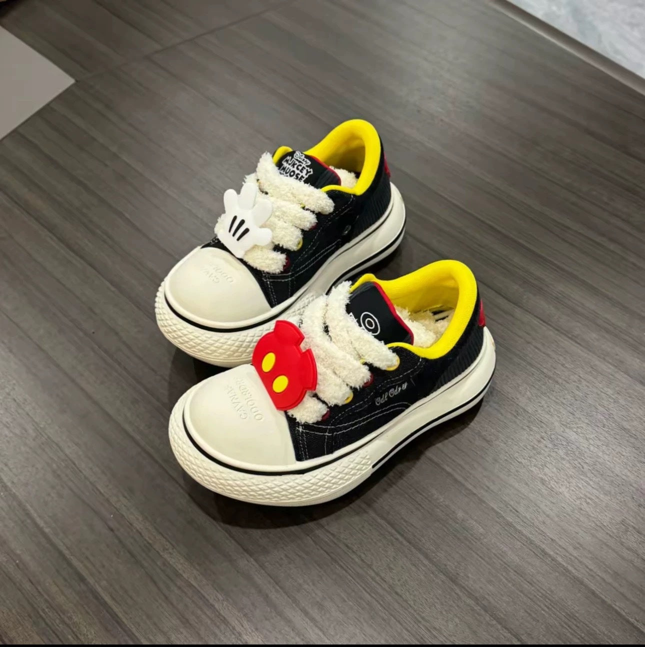Men's Hello Kitty Mickey Black Big Head Thick Sole Increased Denim Canvas Shoes