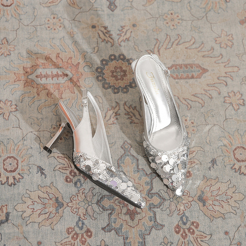 Women's Stiletto Sequined Sier Summer Fashion Low-cut High Heeled Sandals