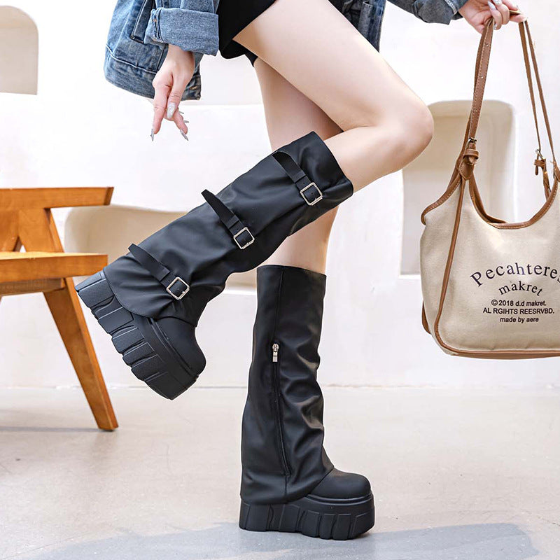Platform High Female Design Belt Buckle Side Zipper Below The Boots