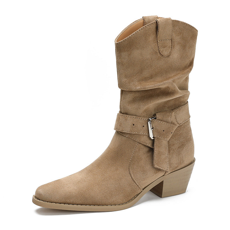 Women's Increasing Insole Version Chunky Western Cowboy High Slimming Women's Leather Boots