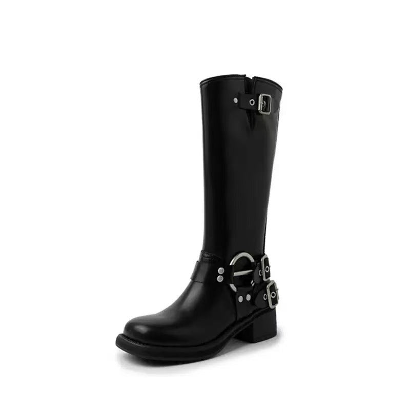Belt Buckle Chunky Long Female Square Toe Sleeve Women's Leather Boots