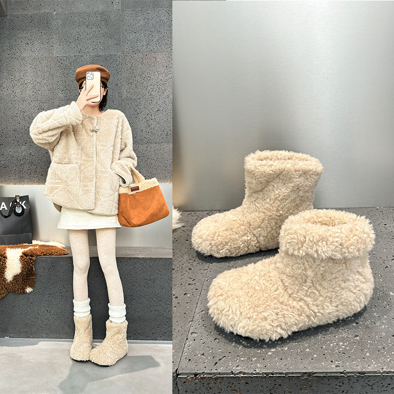 Women's Northeast Flat Warm Winter Fleece-lined Fluffy Short Women's Snow Boots