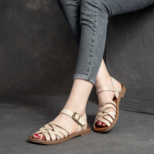 Women's Summer Flat Round Toe Polished Retro Sandals