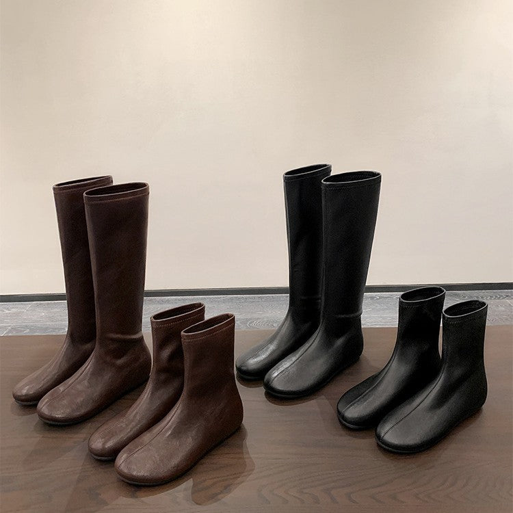Women's Round Toe Simple Middle Socks Stretch Skinny Below The Knee Women's Leather Boots