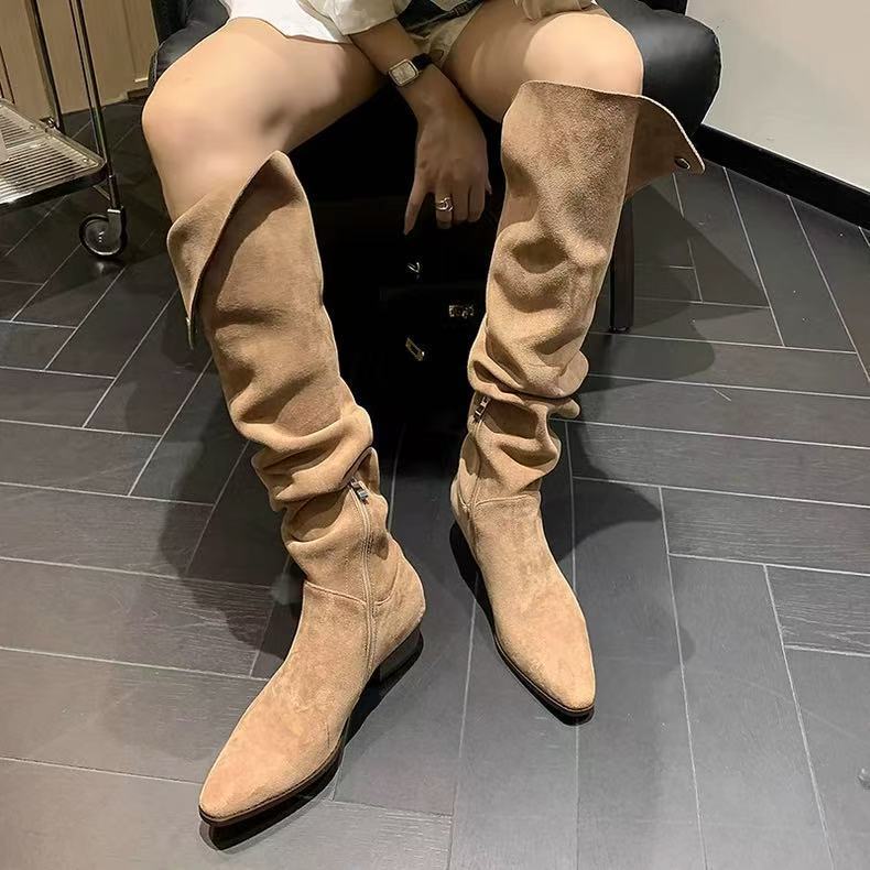 Women's Pointed Toe Pile Style Western Cowboy Button Side Women's Leather Boots