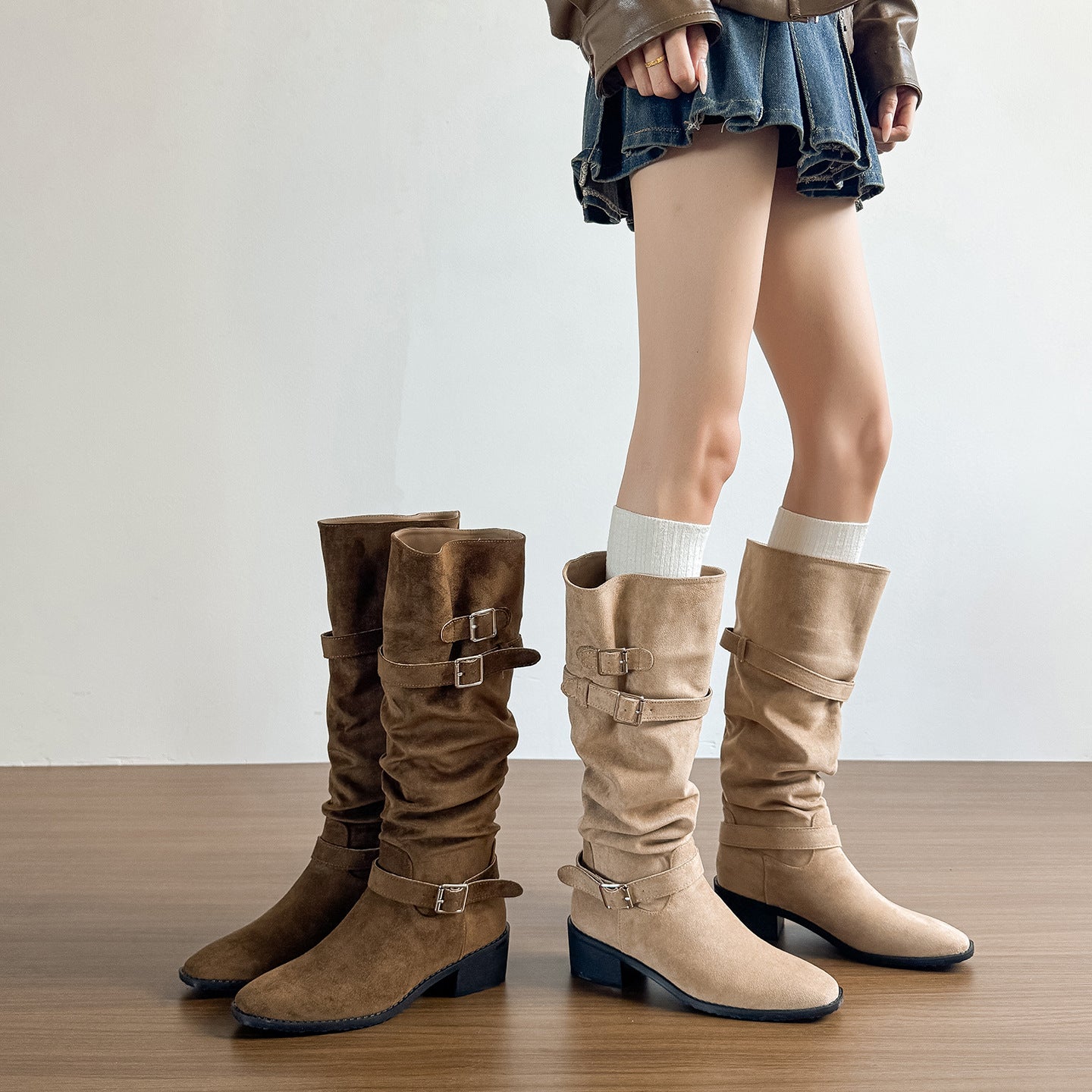 Women's Thick Black Below The Knee Pile Style Big Tube Circumference Women's Leather Boots