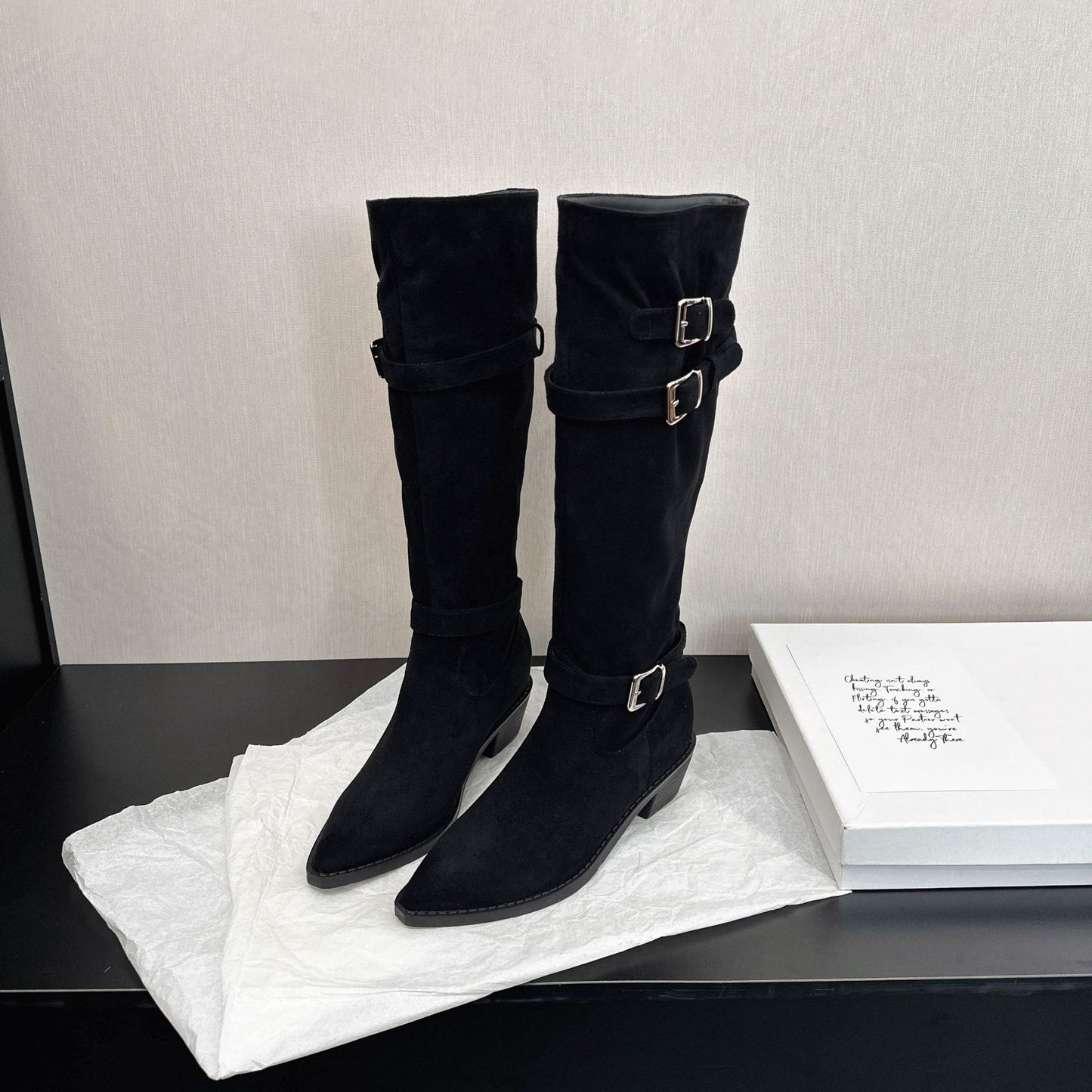 Women's French Cowboy Below The Knee High-rise Belt Chunky Western Pile Boots