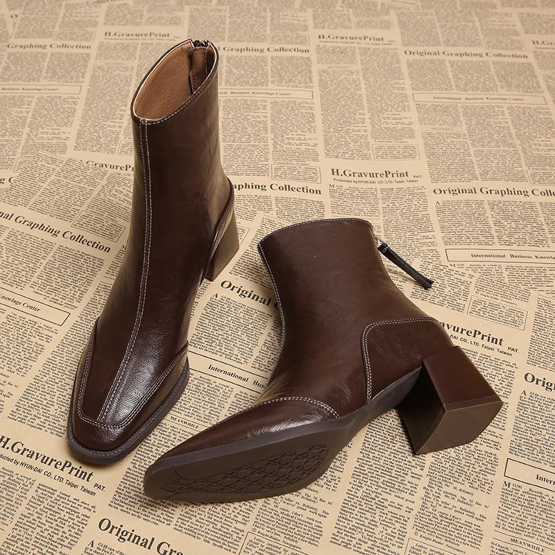 Women's Design Sense Square Toe Chunky Short British Style Fried Street Women's Leather Boots