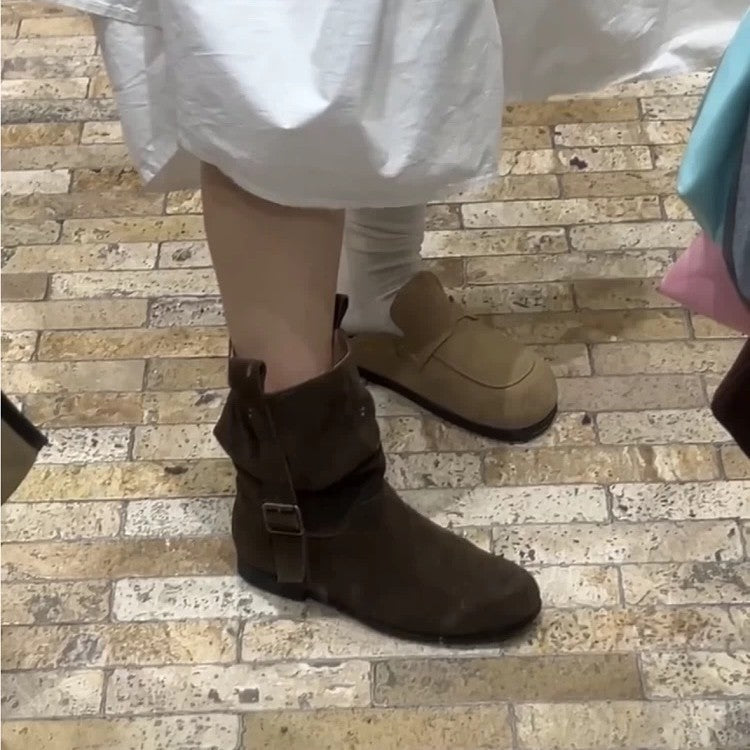 Women's Version Korean Style Ruffle Pile Round Toe Flat Bottom Western Women's Leather Boots