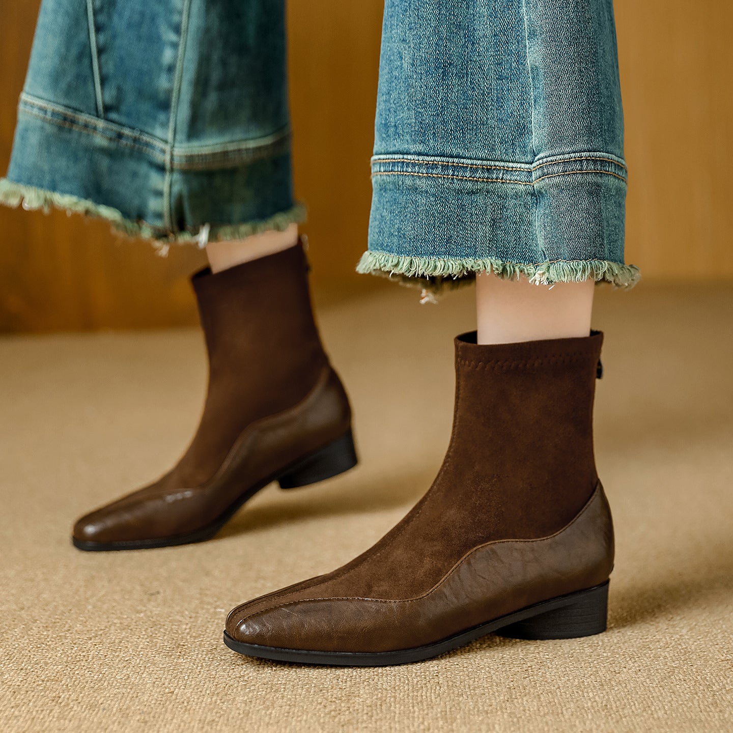 Women's Suede Stitching Chunky Ankle Soft Back Zipper Commute Slimming Boots