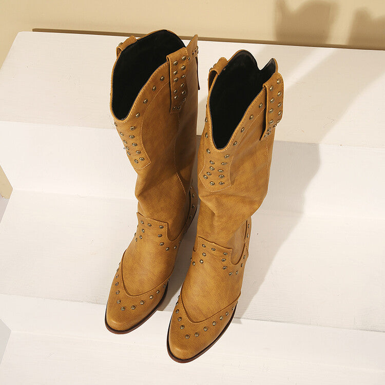 Women's Metal Rivet Square Toe High Western Women's Leather Boots