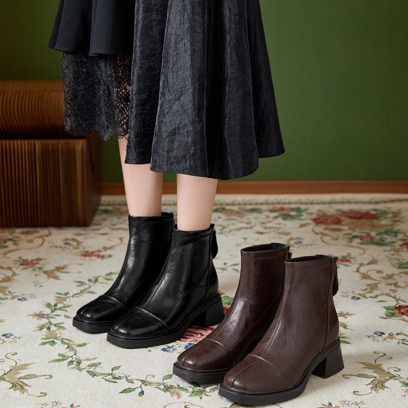 Women's Height Increasing Insole Square Toe Chunky Short Fleece-lined British Style Women's Leather Boots