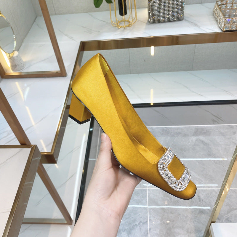Women's Chunky Square Toe Rhinestone Versatile Single-layer Low-cut Women's Fashion Shoes