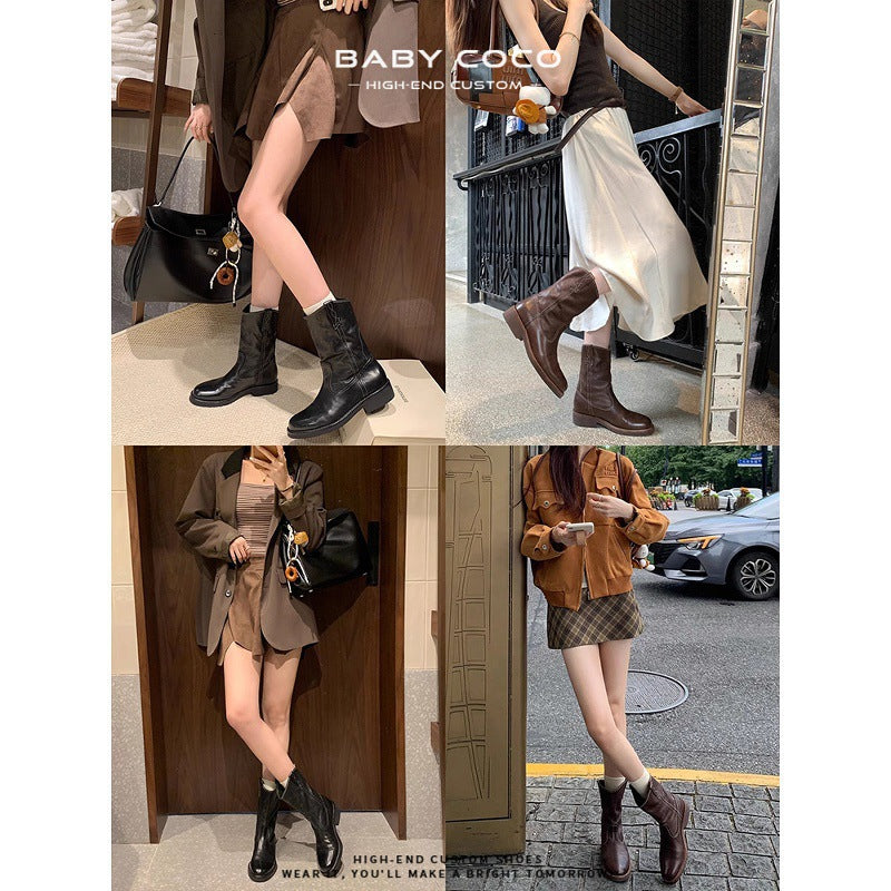 Mouth Western Cowboy Female Skinny Thick Middle Desert Women's Leather Boots