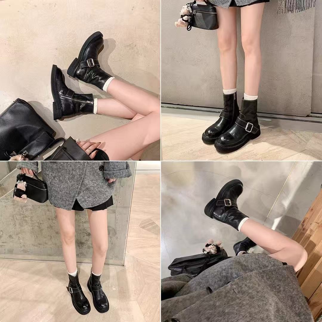 Women's Version Su Washed Shrink Pattern Side Zipper Fleece Biker Women's Leather Boots