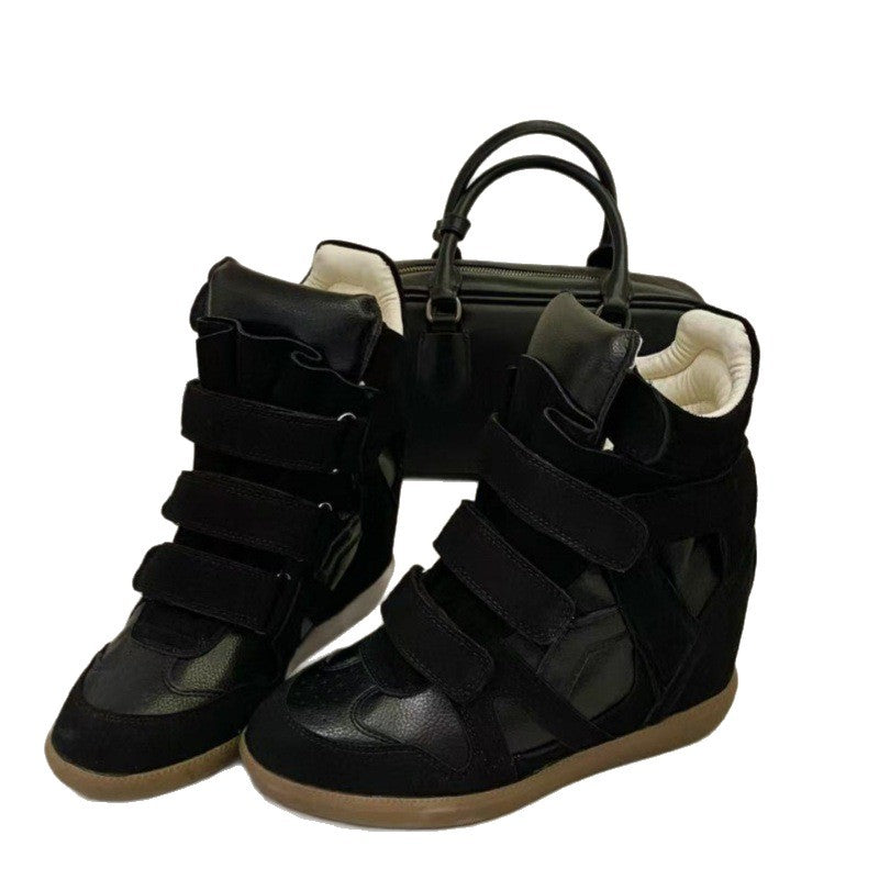 Women's Velcro Invisible Height Increasing Insole Wedge Color Matching Sports Leather Shoes