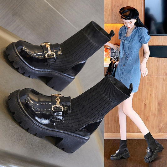 High-heeled Ankle Thick Socks Integrated With Wide Leg Pants Skirt Women's Casual Shoes