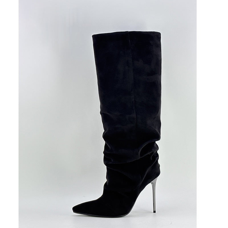 Women's High Side Zipper Pleated Leopard Print Women's Leather Boots