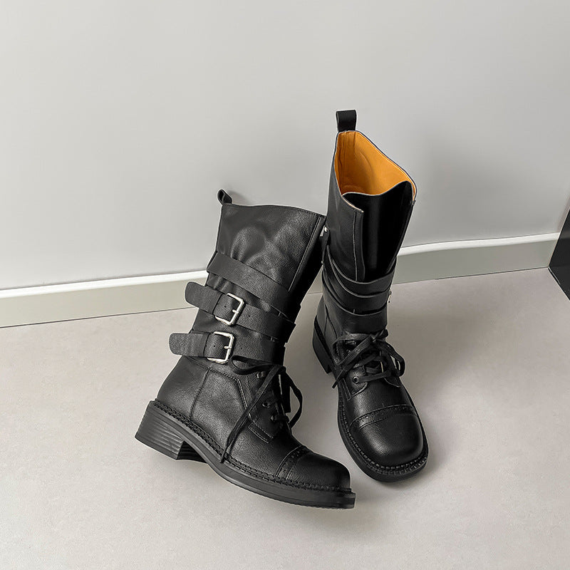 Women's Thick Bottom Chunky Brushed Martin British Style Belt Women's Leather Boots