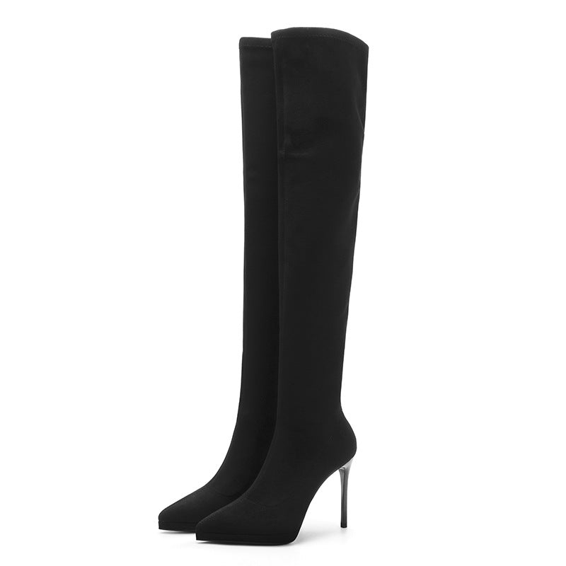 Women's Solid Color Suede Mid Stiletto Stretch Thin Temperament Women's Leather Boots