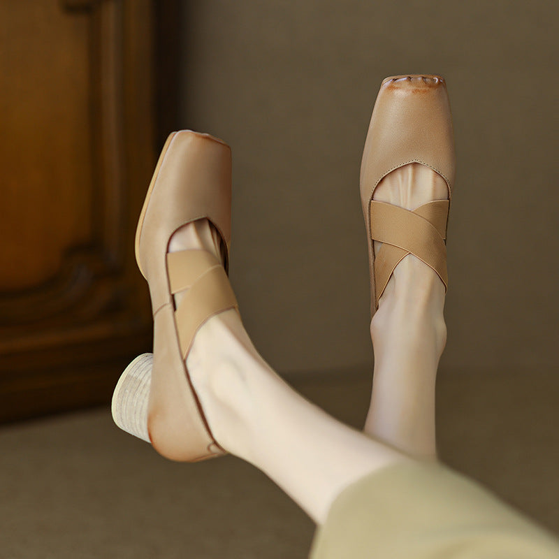 Chunky Low-cut Mid Ballet Dancing High Retro Women's Fashion Shoes