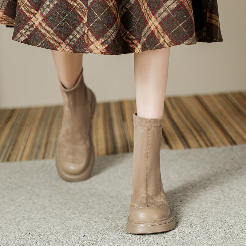 Women's Style Round Toe Suede Ankle Socks Thick Bottom Platform Stretch Women's Leather Boots