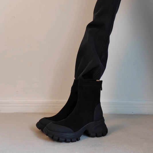 Women's Vintage Suede Side Zipper Stretch Thin Thick-soled Patchwork Easy Women's Leather Boots