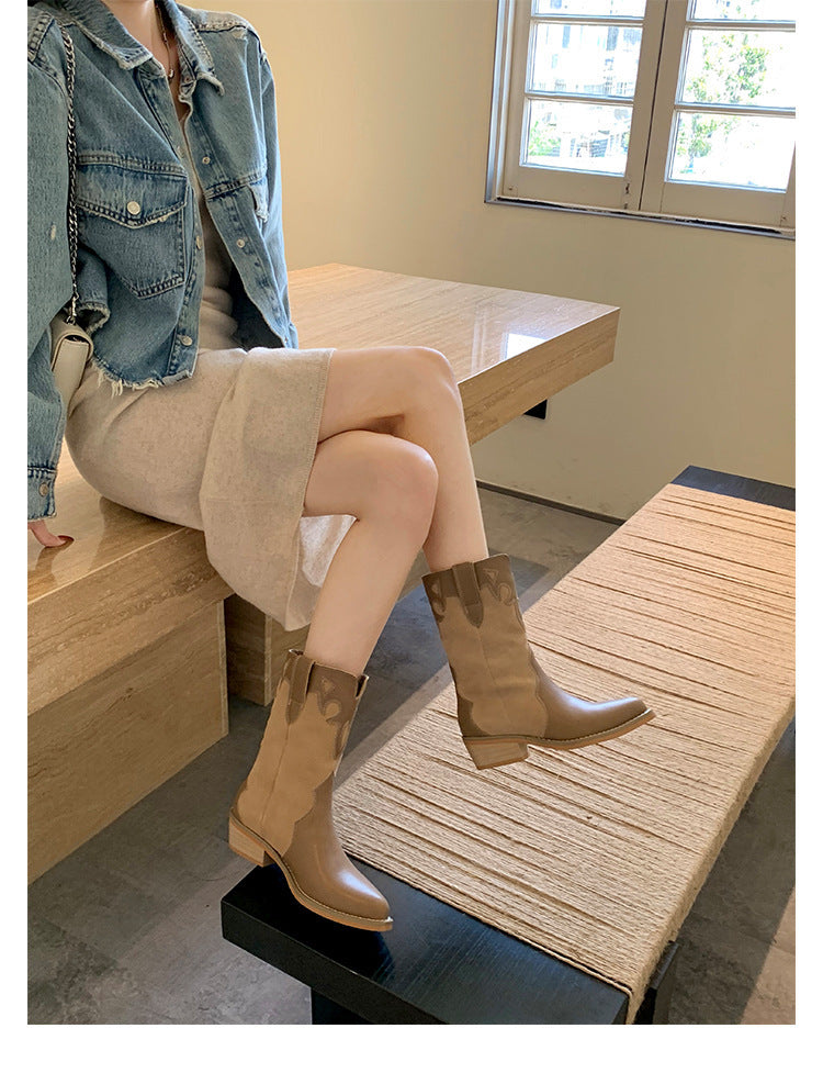 Women's Western Cowboy Retro Ankle Chunky Sleeve Pointed Women's Leather Boots