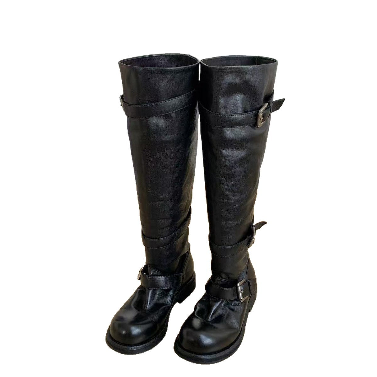 Version Classic Knight Martin Solid Color Belt Buckle Pile Style Women's Leather Boots