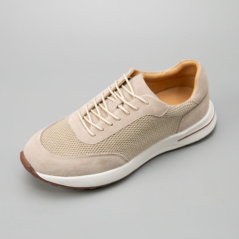 Men's Sand Color Lightweight Breathable Mesh Stitching Cow Split Men's Casual Leather Shoes