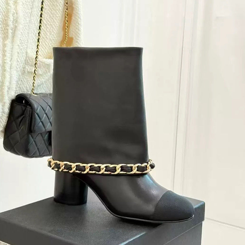 Women's Chain Tube Short Round Head Chunky High-heeled Women's Leather Boots