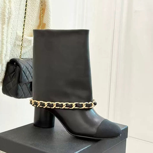 Women's Chain Tube Short Round Head Chunky High-heeled Women's Leather Boots