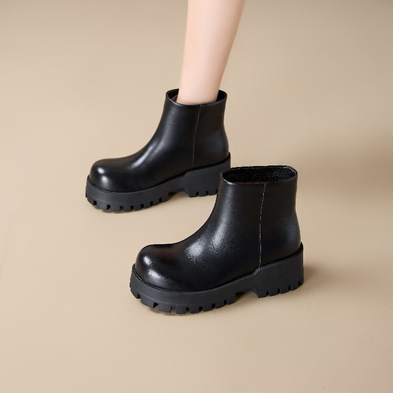 Women's Martin Smoke Pipe Black Round Chunky Women's Leather Boots